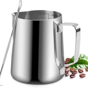Jarra espumadora de leche, 11.8 fl  oz 12 onzas, jarra de acero inoxidable,con lapicero.